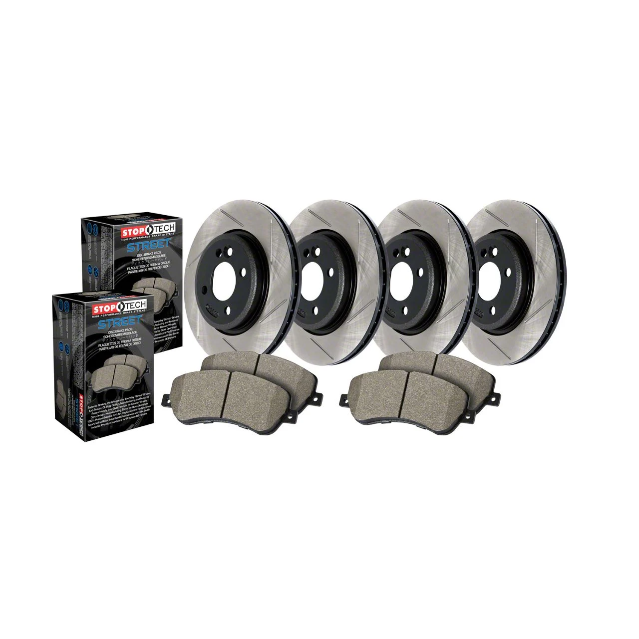 StopTech Street Axle Slotted 8-Lug Brake Rotor and Pad Kit; Front and Rear (12-22 4WD F-250 Super Duty)
