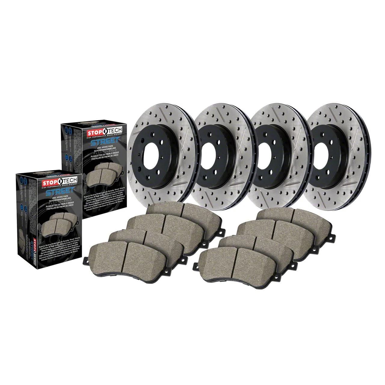 StopTech Street Axle Drilled and Slotted 8-Lug Brake Rotor and Pad Kit; Front and Rear (12-22 4WD F-250 Super Duty)