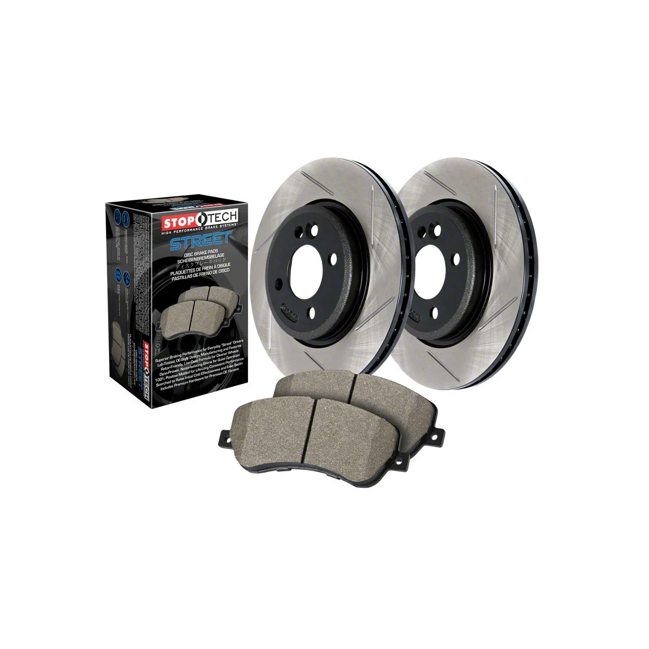 StopTech Street Axle Slotted 8-Lug Brake Rotor and Pad Kit; Rear (12-22 4WD F-250 Super Duty)