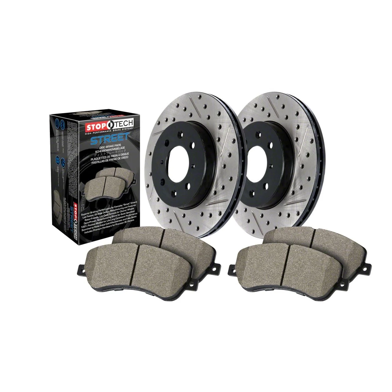 StopTech Street Axle Slotted and Drilled 8-Lug Brake Rotor and Pad Kit; Rear (12-22 4WD F-250 Super Duty)