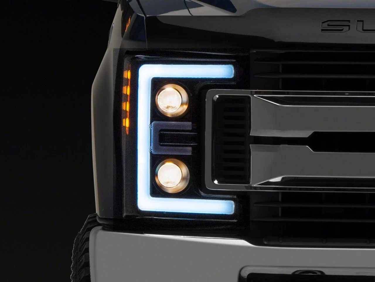 LED DRL Projector Headlights with Amber Corner Lights; Black Housing; Clear Lens (17-19 F-250 Super Duty w/ Factory Halogen Headlights)