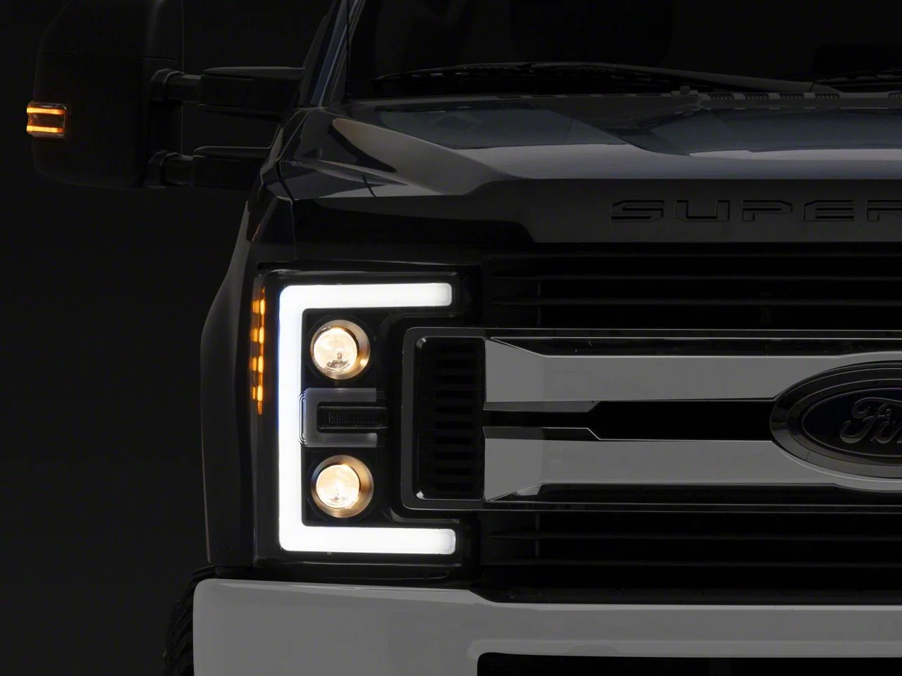 LED DRL Projector Headlights with Amber Corners; Black Housing; Clear Lens (17-19 F-250 Super Duty w/ Factory Halogen Headlights)