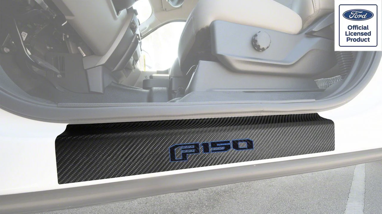 Front Door Sill Protection with F-150 Logo; Raw Carbon Fiber; Black and Blue (15-20 F-150)