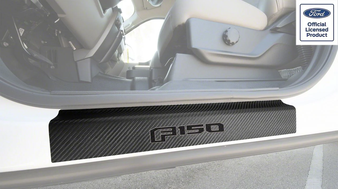 Front Door Sill Protection with F-150 Logo; Raw Carbon Fiber; Black and Gray (15-20 F-150)