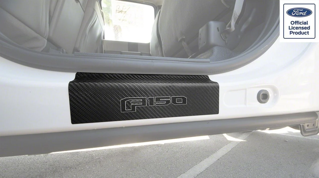 Rear Door Sill Protection with F-150 Logo; Raw Carbon Fiber; Black and Gray (15-26 F-150 SuperCrew)