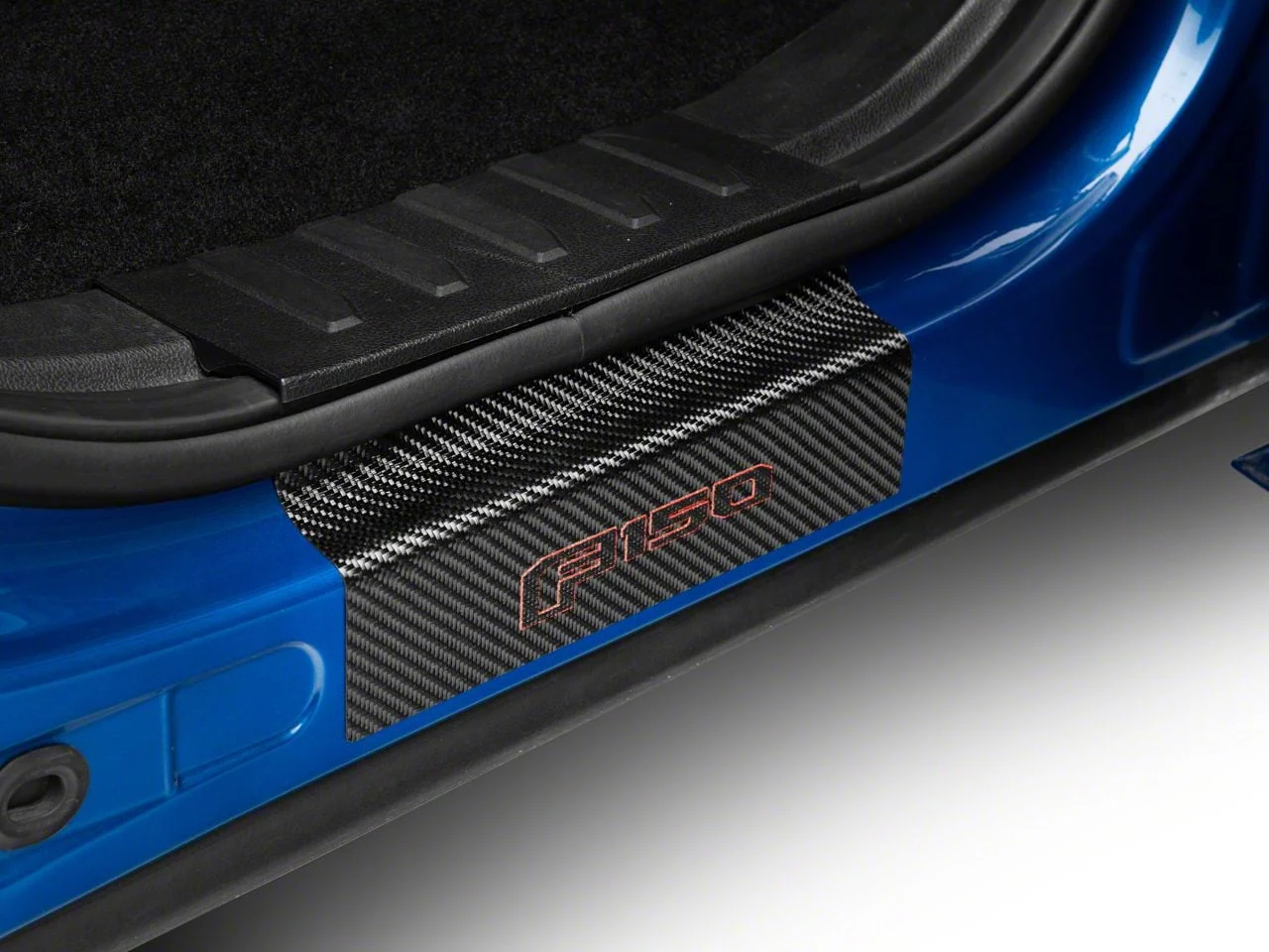 Rear Door Sill Protection with F-150 Logo; Raw Carbon Fiber; Black and Red (15-26 F-150 SuperCrew)
